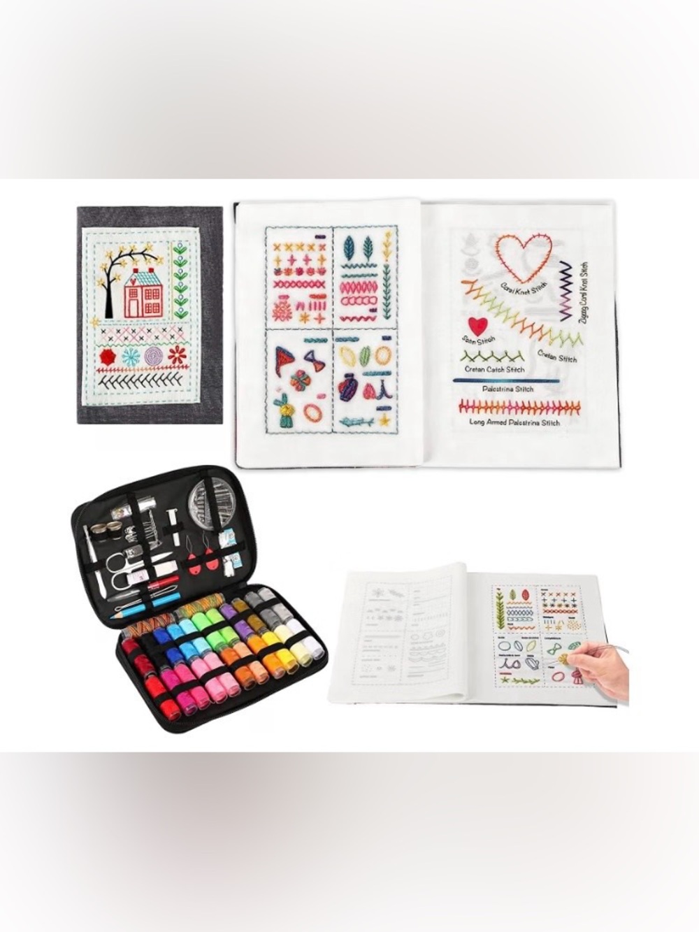 Embroidery Stitch Book Kit with Multiple Sewing Tools & Instructional Tutorial